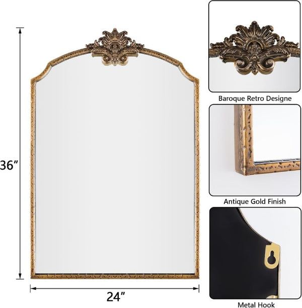 English Elm Irregula Baroque Arched Gold Wood Frame Wall Mirror for Entryway Bedroom Bathroom T6202P556488