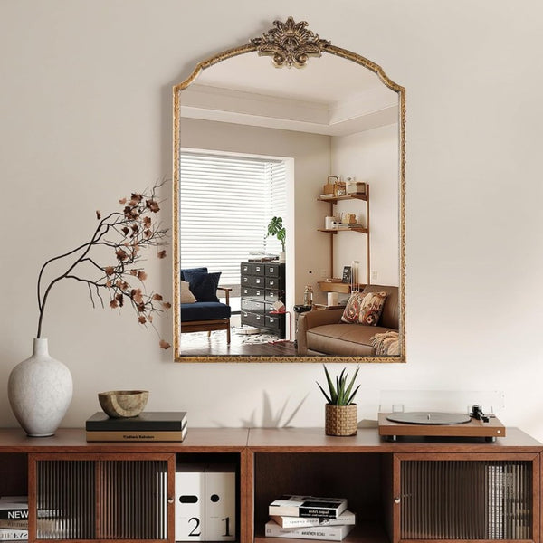 English Elm Irregula Baroque Arched Gold Wood Frame Wall Mirror for Entryway Bedroom Bathroom T6202P556488