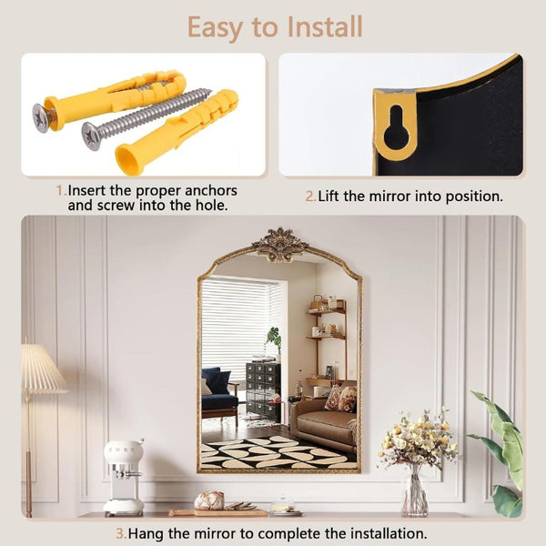 English Elm Irregula Baroque Arched Gold Wood Frame Wall Mirror for Entryway Bedroom Bathroom T6202P556488