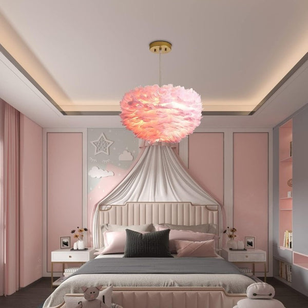 English Elm 18 Inch Pink Goose Feather Chandelier 3 Light Romantic Bedroom Ceiling Fixture T6202P558028
