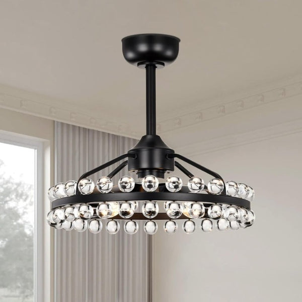 English Elm 21 Inch Crystal Cage Flush Mount Ceiling Fan Black Frame Seven Blades Six Speeds Remote T6202P566564