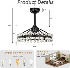 English Elm 21 Inch Crystal Cage Flush Mount Ceiling Fan Black Frame Seven Blades Six Speeds Remote T6202P566564