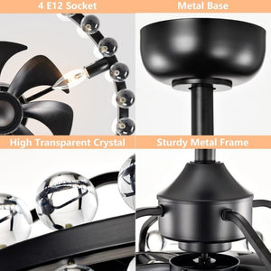 English Elm 21 Inch Crystal Cage Flush Mount Ceiling Fan Black Frame Seven Blades Six Speeds Remote T6202P566564