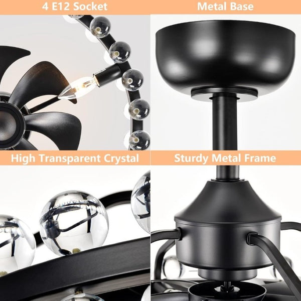 English Elm 21 Inch Crystal Cage Flush Mount Ceiling Fan Black Frame Seven Blades Six Speeds Remote T6202P566564