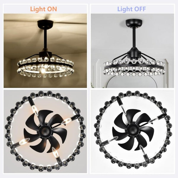 English Elm 21 Inch Crystal Cage Flush Mount Ceiling Fan Black Frame Seven Blades Six Speeds Remote T6202P566564