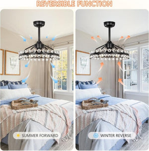 English Elm 21 Inch Crystal Cage Flush Mount Ceiling Fan Black Frame Seven Blades Six Speeds Remote T6202P566564