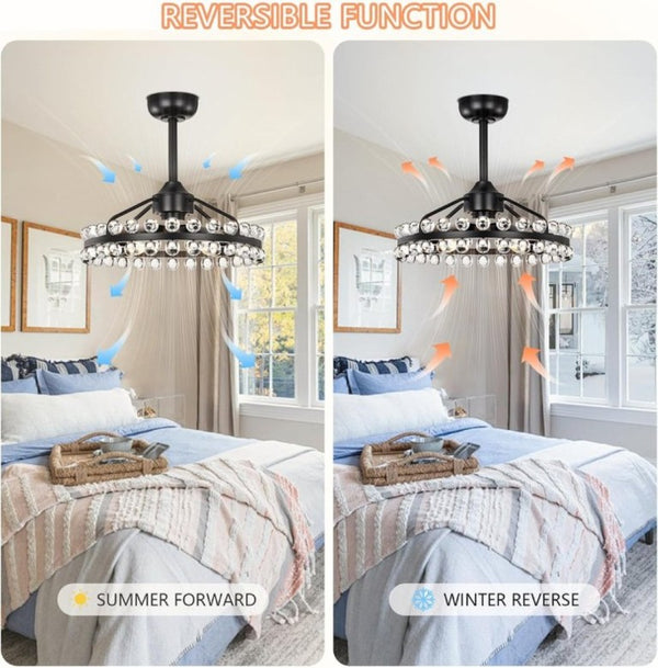 English Elm 21 Inch Crystal Cage Flush Mount Ceiling Fan Black Frame Seven Blades Six Speeds Remote T6202P566564