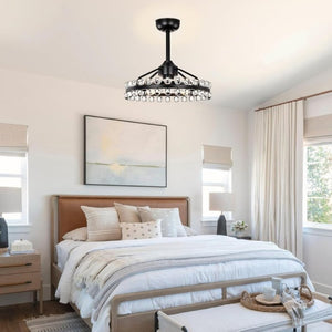 English Elm 21 Inch Crystal Cage Flush Mount Ceiling Fan Black Frame Seven Blades Six Speeds Remote T6202P566564