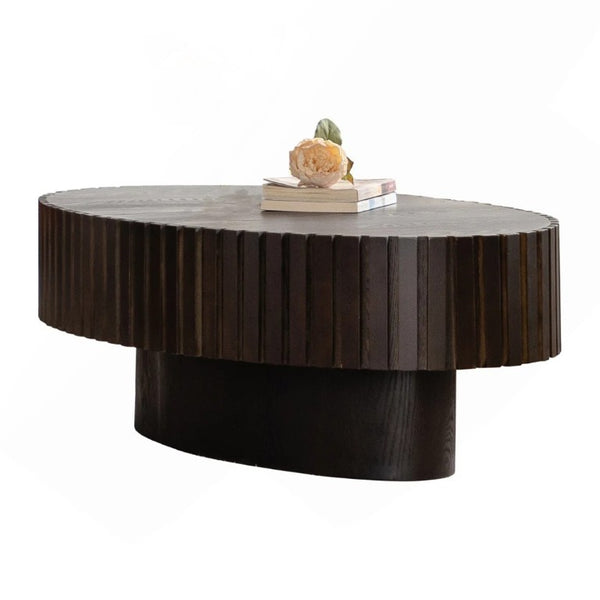 English Elm 43.5 Inch Oval Wood Coffee Table Hand Carved Relief Pedestal Base for Living Room T6202P566700