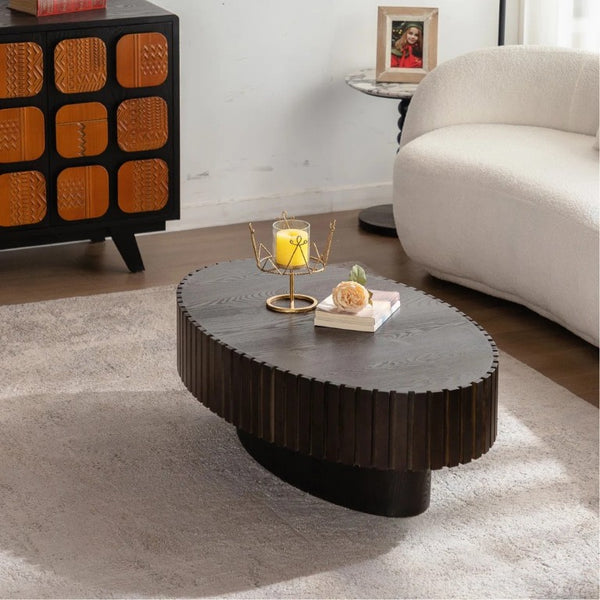 English Elm 43.5 Inch Oval Wood Coffee Table Hand Carved Relief Pedestal Base for Living Room T6202P566700