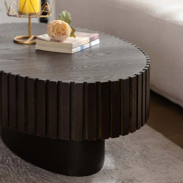 English Elm 43.5 Inch Oval Wood Coffee Table Hand Carved Relief Pedestal Base for Living Room T6202P566700