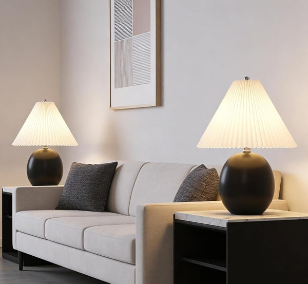English Elm 20.5 Inch Matte Black Ceramic Globe Table Lamp with Pleated White Shade for Bedroom T6202P567475