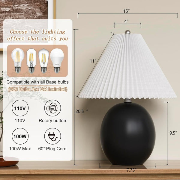 English Elm 20.5 Inch Matte Black Ceramic Globe Table Lamp with Pleated White Shade for Bedroom T6202P567475