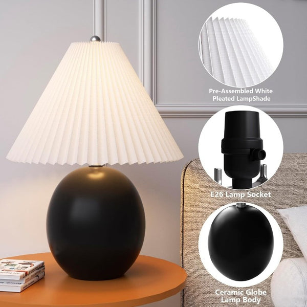 English Elm 20.5 Inch Matte Black Ceramic Globe Table Lamp with Pleated White Shade for Bedroom T6202P567475