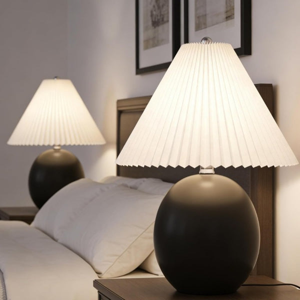 English Elm 20.5 Inch Matte Black Ceramic Globe Table Lamp with Pleated White Shade for Bedroom T6202P567475