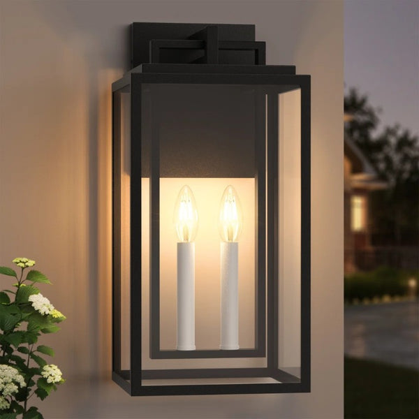 English Elm 2 Light Outdoor Wall Lantern Black Frame Clear Tempered Glass Carriage Style Porch T6202P567529