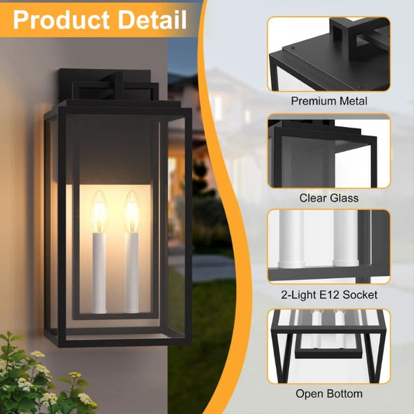 English Elm 2 Light Outdoor Wall Lantern Black Frame Clear Tempered Glass Carriage Style Porch T6202P567529