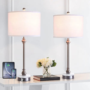 English Elm 20.5 Wrought Iron Marble Base Table Lamp with Linen Shade and Dual USB Charging Ports T6202P567694
