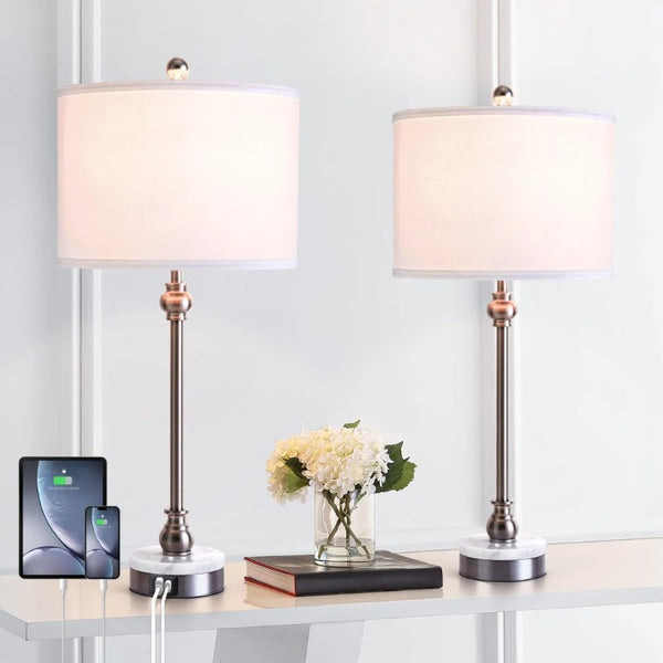 English Elm 20.5 Wrought Iron Marble Base Table Lamp with Linen Shade and Dual USB Charging Ports T6202P567694