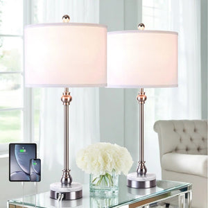 English Elm 20.5 Wrought Iron Marble Base Table Lamp with Linen Shade and Dual USB Charging Ports T6202P567694