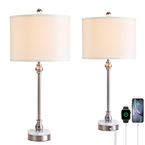 English Elm 20.5 Wrought Iron Marble Base Table Lamp with Linen Shade and Dual USB Charging Ports T6202P567694