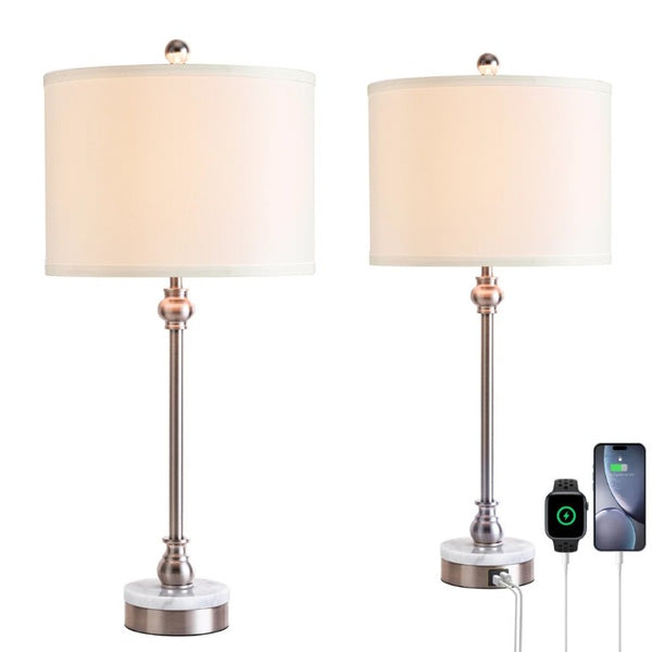 English Elm 20.5 Wrought Iron Marble Base Table Lamp with Linen Shade and Dual USB Charging Ports T6202P567694