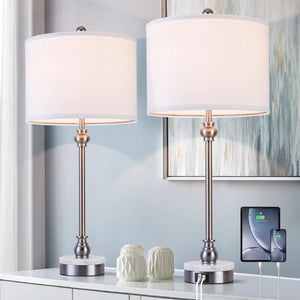 English Elm 20.5 Wrought Iron Marble Base Table Lamp with Linen Shade and Dual USB Charging Ports T6202P567694