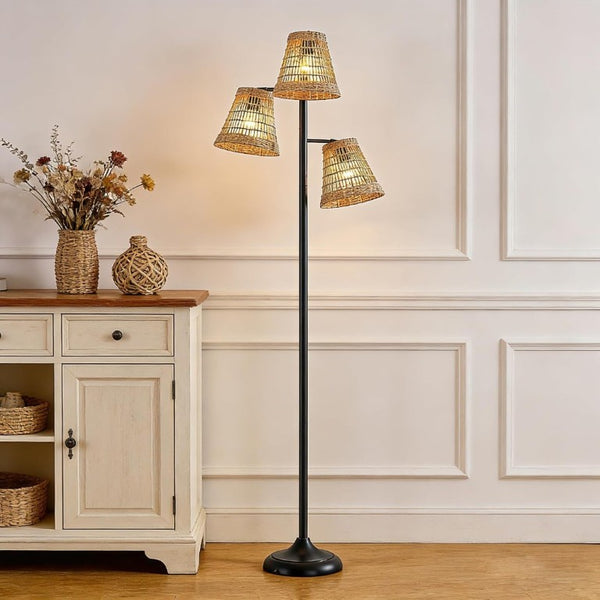 English Elm 72 Inch Boho Rattan Tree Floor Lamp Matte Black Iron Branch Three Woven Shades T6202P567809