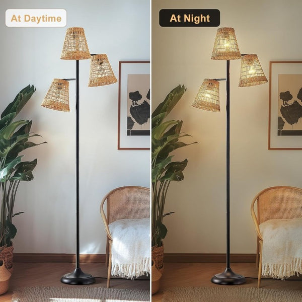 English Elm 72 Inch Boho Rattan Tree Floor Lamp Matte Black Iron Branch Three Woven Shades T6202P567809