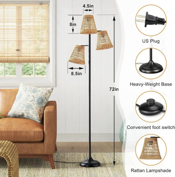 English Elm 72 Inch Boho Rattan Tree Floor Lamp Matte Black Iron Branch Three Woven Shades T6202P567809