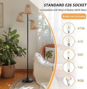 English Elm 72 Inch Boho Rattan Tree Floor Lamp Matte Black Iron Branch Three Woven Shades T6202P567809