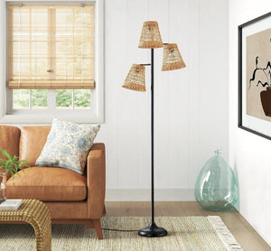 English Elm 72 Inch Boho Rattan Tree Floor Lamp Matte Black Iron Branch Three Woven Shades T6202P567809