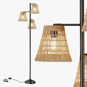 English Elm 72 Inch Boho Rattan Tree Floor Lamp Matte Black Iron Branch Three Woven Shades T6202P567809