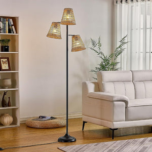 English Elm 72 Inch Boho Rattan Tree Floor Lamp Matte Black Iron Branch Three Woven Shades T6202P567809