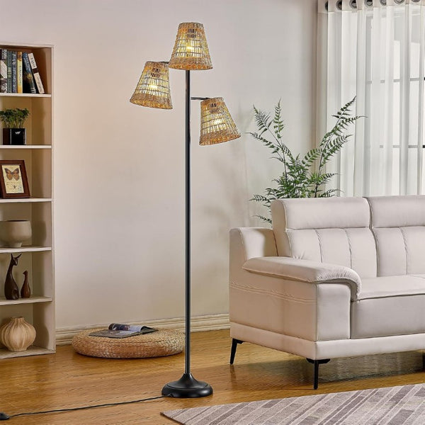English Elm 72 Inch Boho Rattan Tree Floor Lamp Matte Black Iron Branch Three Woven Shades T6202P567809