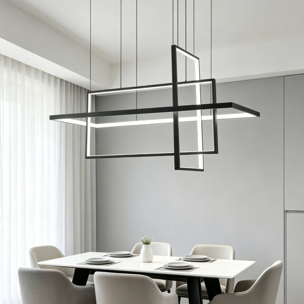 English Elm 3 Light Sculptural LED Chandelier with Black Iron Geometric Frames for Dining Rooms T6202P569256