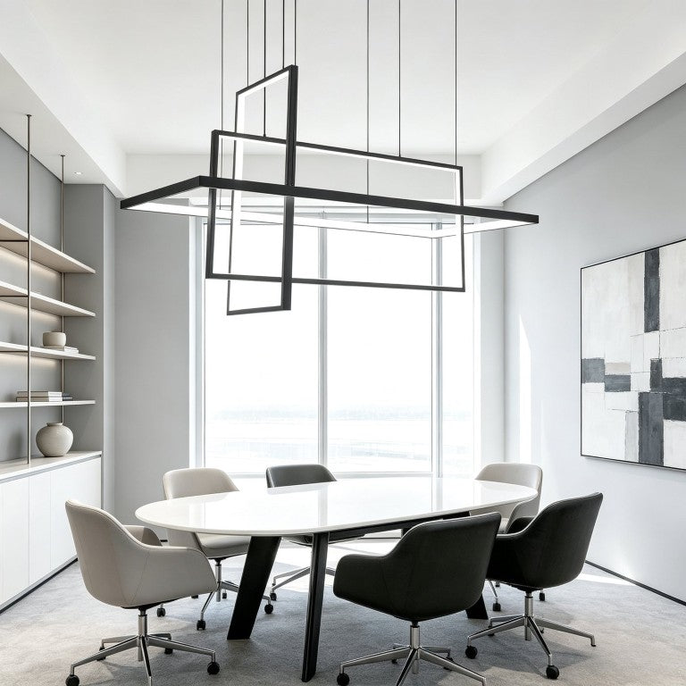 English Elm 3 Light Sculptural LED Chandelier with Black Iron Geometric Frames for Dining Rooms T6202P569256