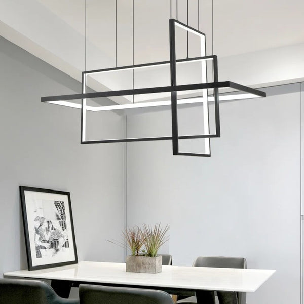 English Elm 3 Light Sculptural LED Chandelier with Black Iron Geometric Frames for Dining Rooms T6202P569256