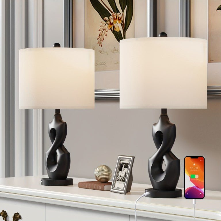 English Elm 22.3 Inch Ceramic Table Lamp Set Dimmable Sculptural Bedside Lights with USB Port T6202P571615