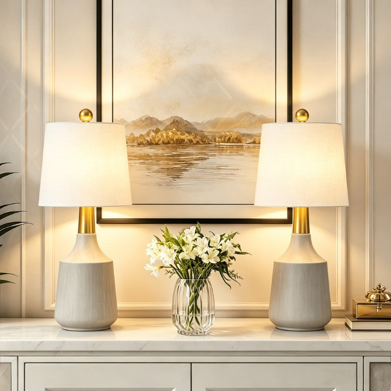 English Elm 20 Inch Ceramic Bedside Lamp Set Two Linen Shade Ambient Glow for Living Room T6202P571628