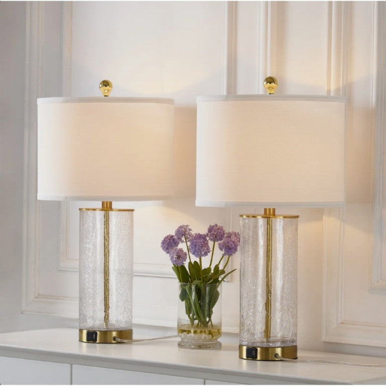 English Elm 23.25 Inch Glam Glass Metal Table Lamp Set of Two with USB Charging Linen Shades T6202P571638