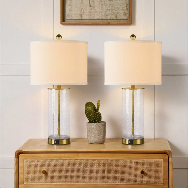 English Elm 23.25 Inch Glam Glass Metal Table Lamp Set of Two with USB Charging Linen Shades T6202P571638