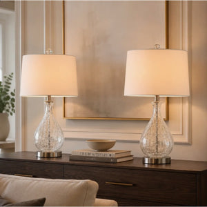 English Elm 23 Inch Handcrafted Water Textured Glass Table Lamp Set with Linen Shade Nickel Base T6202P571645