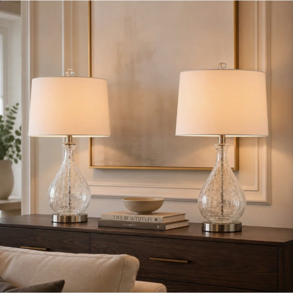 English Elm 23 Inch Handcrafted Water Textured Glass Table Lamp Set with Linen Shade Nickel Base T6202P571645