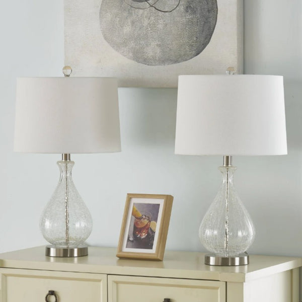 English Elm 23 Inch Handcrafted Water Textured Glass Table Lamp Set with Linen Shade Nickel Base T6202P571645