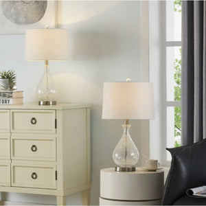 English Elm 23 Inch Handcrafted Water Textured Glass Table Lamp Set with Linen Shade Nickel Base T6202P571645