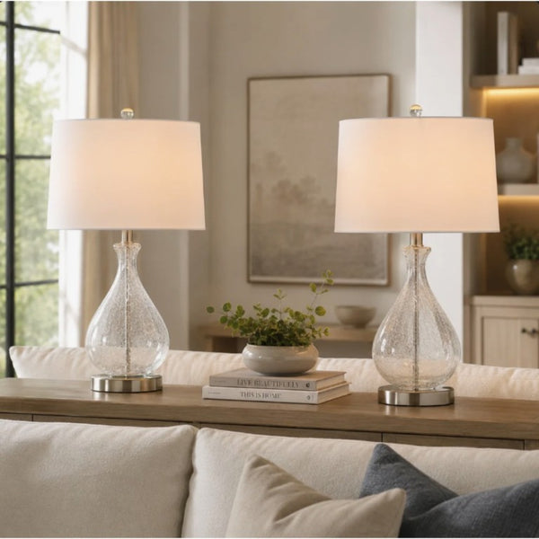 English Elm 23 Inch Handcrafted Water Textured Glass Table Lamp Set with Linen Shade Nickel Base T6202P571645