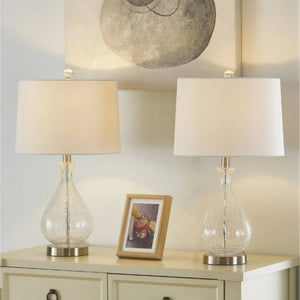 English Elm 23 Inch Handcrafted Water Textured Glass Table Lamp Set with Linen Shade Nickel Base T6202P571645