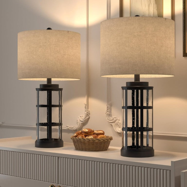 English Elm 25 Inch Industrial Glass Bedside Lamp Set Dimmable with USB Charging Ports for Bedroom T6202P571679