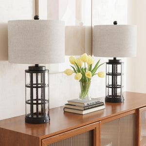 English Elm 25 Inch Industrial Glass Bedside Lamp Set Dimmable with USB Charging Ports for Bedroom T6202P571679